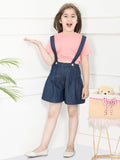 Peach Navy Blue Crop Knot Top with Dungaree Skirt Set