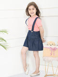 Peach Navy Blue Crop Knot Top with Dungaree Skirt Set