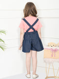 Peach Navy Blue Crop Knot Top with Dungaree Skirt Set