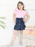 Pink Navy Blue Top with Denim Skirt Set