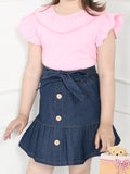 Pink Navy Blue Top with Denim Skirt Set