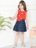 Red Navy Blue Cat Print Top with Denim Skirt Set
