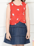 Red Navy Blue Cat Print Top with Denim Skirt Set