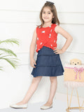 Red Navy Blue Cat Print Top with Denim Skirt Set
