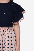 Navy Pink Ruffle Top With Polka Tulip Palazzo Pant Set