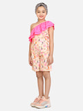 Peach Fish Print One Side Shoulder Short Jumpsuit