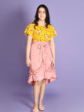 Floral Flared Sleeve Yellow Top with Frilled Skirt Set