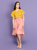 Floral Flared Sleeve Yellow Top with Frilled Skirt Set