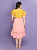 Floral Flared Sleeve Yellow Top with Frilled Skirt Set