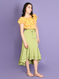 Floral Yellow Layered Top with Green Asymmetrical Skirt Set