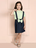 Lime Green Crop Knot Top with Dungaree Skirt Set