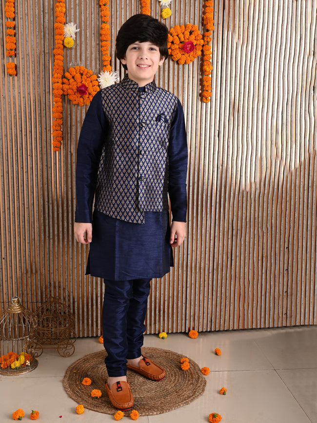 Solid Kurta Pyjama Set with Printed Nehru Jacket