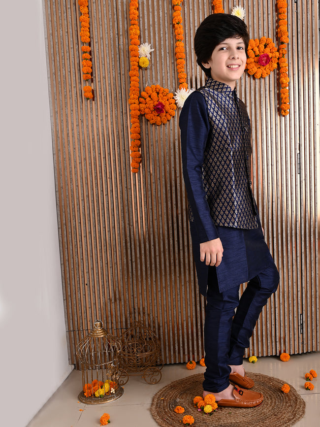 Solid Kurta Pyjama Set with Printed Nehru Jacket