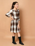 Checkered Print Button Down Long Sleeve Fit n Flare Dress