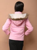Solid Plain Puffer Front Zip Open Fur Hooded Jacket
