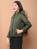 Solid Plain Puffer Front Zip Open Fur Hooded Jacket