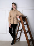 Solid Button Down Shirt Collar Belted Jacket