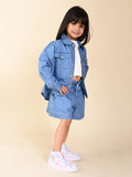 Solid Denim Shacket With Crop Top & Shorts Set