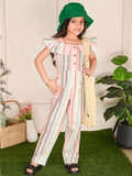 Striped Cold Shoulder Button Down Full Jumpsuit