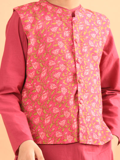 Solid Kurta Pajama Set with Printed Nehru Jacket