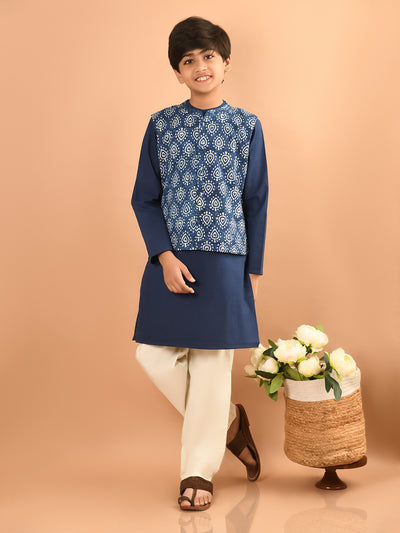 Solid Kurta Pajama Set with Printed Nehru Jacket