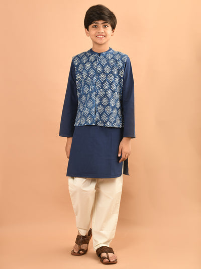 Solid Kurta Pajama Set with Printed Nehru Jacket