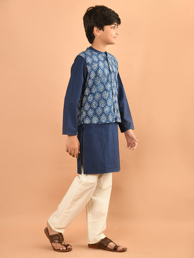 Solid Kurta Pajama Set with Printed Nehru Jacket