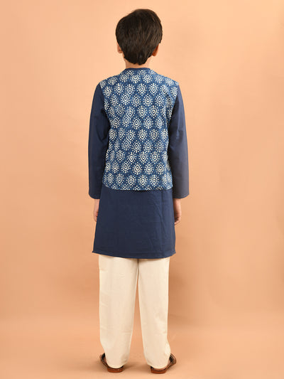 Solid Kurta Pajama Set with Printed Nehru Jacket