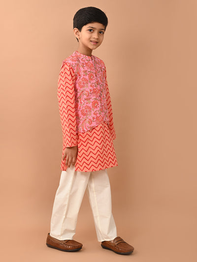Floral Printed Kurta Pajama Set with Nehru Jacket