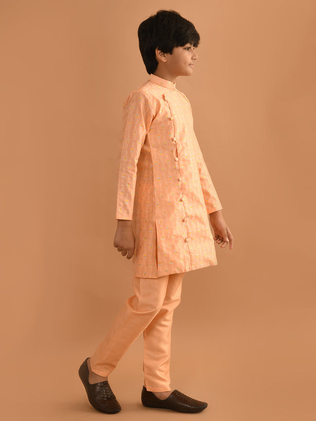 Jacquard Button Down Straight Mandarin Collar Kurta Pajama Set