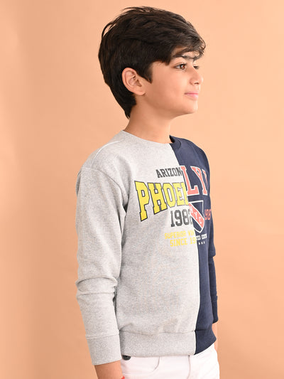 Boys Grey Blue Colourblocked Full Sleeves Sweatshirt