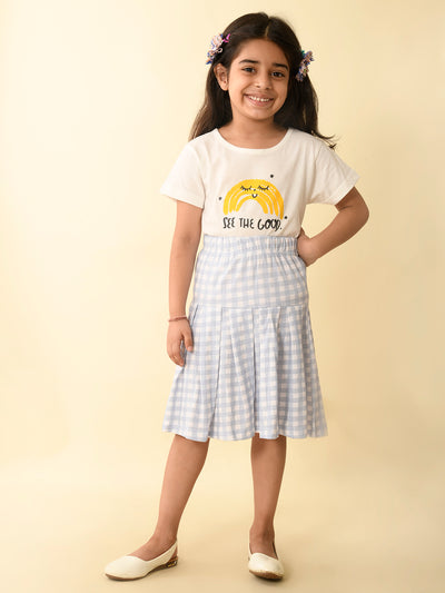 Text Printed Top with Checkered Knife Pleated Skirt Set