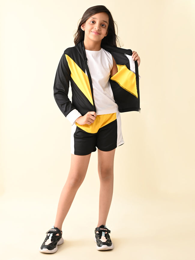 Solid Top with Front Open Jacket & Shorts Athleisure Set
