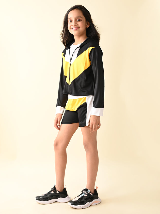 Solid Top with Front Open Jacket & Shorts Athleisure Set