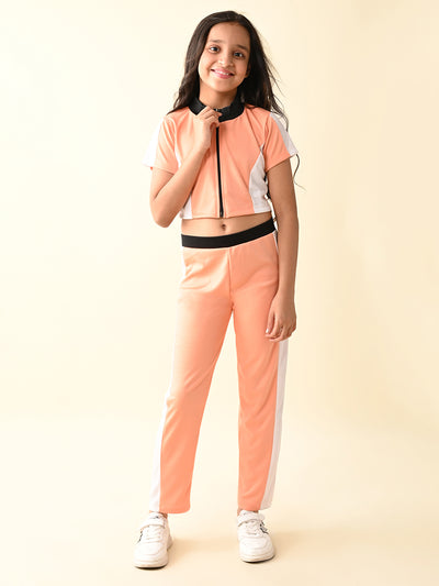 Front Clouser Colorblock Top with Pant Athleisure Set