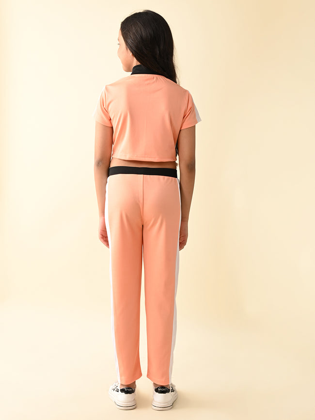 Front Clouser Colorblock Top with Pant Athleisure Set