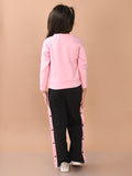 Girls Solid Pink Full Sleeves Sweatshirt With Striped Joggers