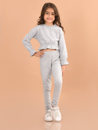 Solid Full Sleeves Crop Top with Legging Set