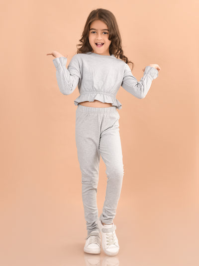 Solid Full Sleeves Crop Top with Legging Set