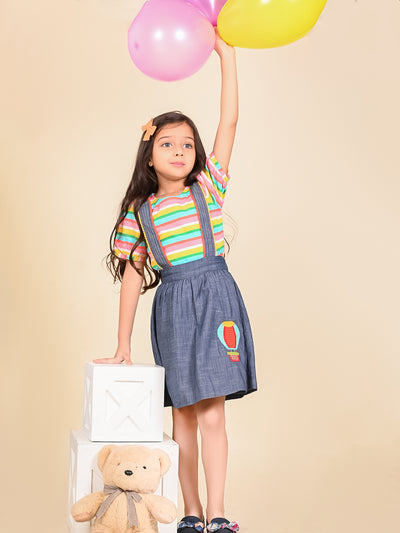 Stripes Printed Top with Denim Dungaree Skirt
