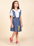 Funky Printed Top with Applique Denim Dungaree Skirt