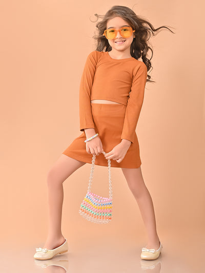 Solid Full Sleeves Crop Top with A-line Skirt Set