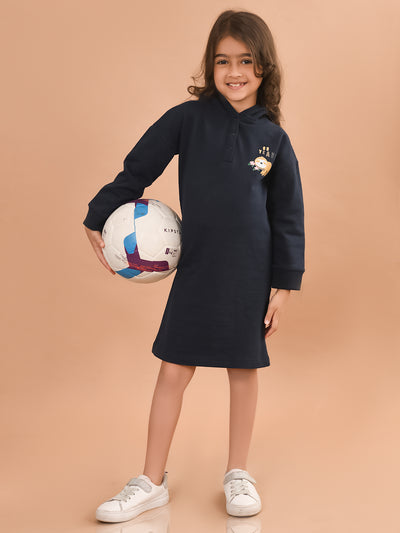 Solid Full Sleeves Hooded Knee Length Shift Dress