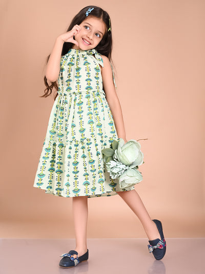 Batik Printed Neck Tieup Dropwaist Dress