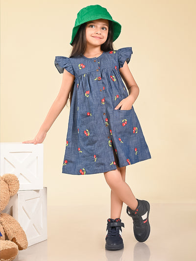 Cherry Applique Button Down A-line Denim Dress