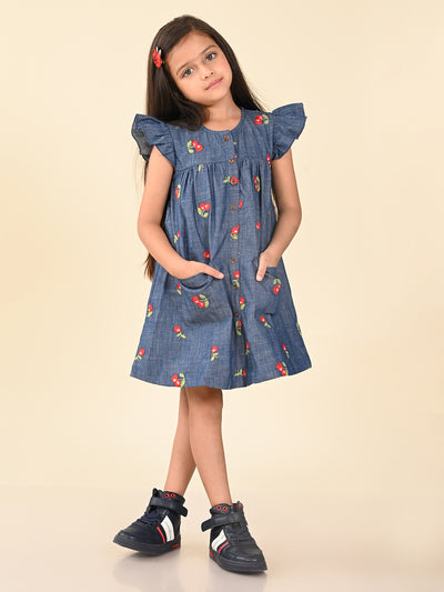Cherry Applique Button Down A-line Denim Dress