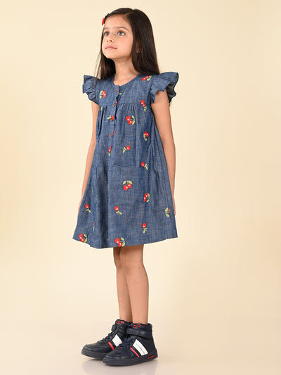 Cherry Applique Button Down A-line Denim Dress