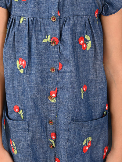 Cherry Applique Button Down A-line Denim Dress