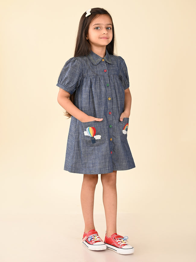 Solid Button Down Embroidered Pocket Shirt Dress