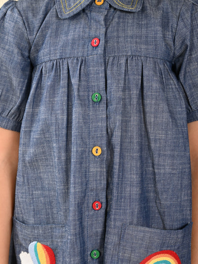 Solid Button Down Embroidered Pocket Shirt Dress